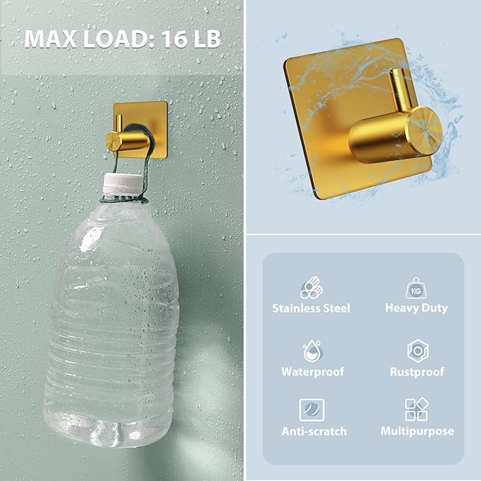 VIS'V Adhesive Towel Hooks, Waterproof Shower Wall Stick on Hooks, Gold, 4 Pcs