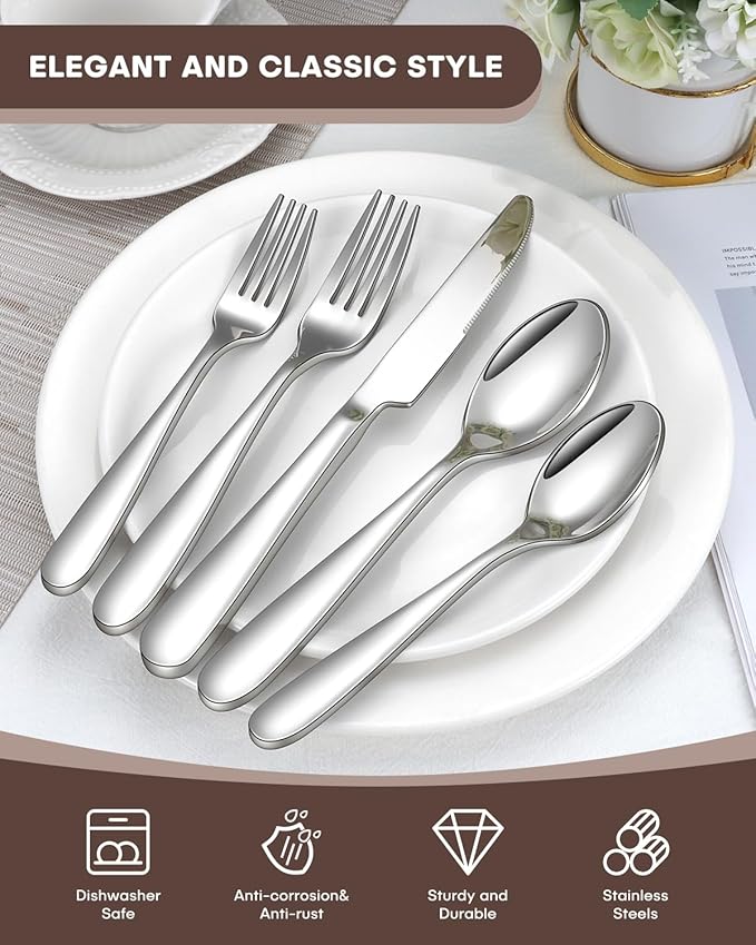 20-Piece Silverware set for 4 Include Knife Spoon and Fork Flatware Set with Heavy Duty Stainless Steel Mirror Polished Modern Tableware Eating Utensil Set, Dishwasher Safe