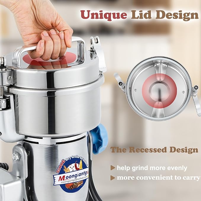 Moongiantgo 2500g Safety Grain Mill Grinder 3700W High-speed Electric Stainless Steel Dry Spice Grinder Pulverizer for Wheat Corn Rice Pepper Herbs Coffee Beans Dried Mushrooms, 110V