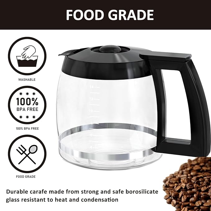 14-Cup Coffee Pot Replacement Carafe Glass Compatible with Cuisinart Coffee Maker Models DCC-2200, DCC-2600, DCC-2800, DCC-3200, DCC-3200P1, DCC-T20, Black