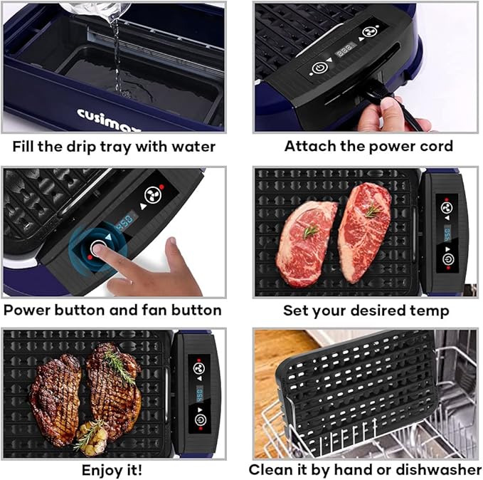 Electric Indoor Grill Griddle, CUSIMAX Smokeless Grill, Portable Korean BBQ with Turbo Smoke Extractor Technology, Non-stick Removable Plate & Griddle Plates
