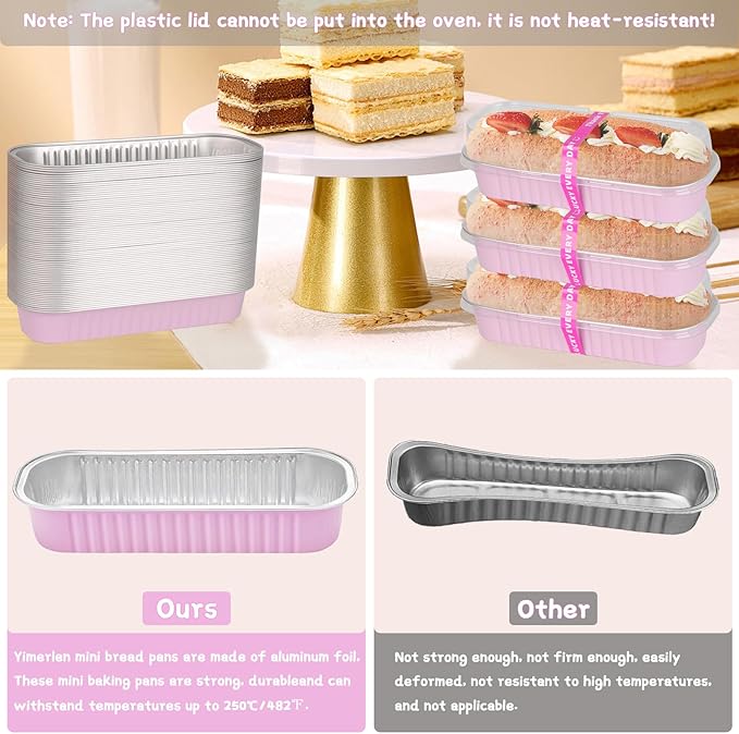 200 Pack Mini Loaf Pans Mini Cake Pans with Lids and Spoons Sealing Sticker, 6.8oz Rectangle Aluminum Foil Baking Pans Disposable Loaf Cake Pan for Baking (Pink)