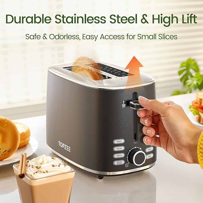 Toaster 2 Slice, Wide Slot for Toasting Bagel Muffin Waffle Gluten Free Breads, 7 Shade Settings, Defrost & Reheat, Stainless Steel, Easy Clean, Black