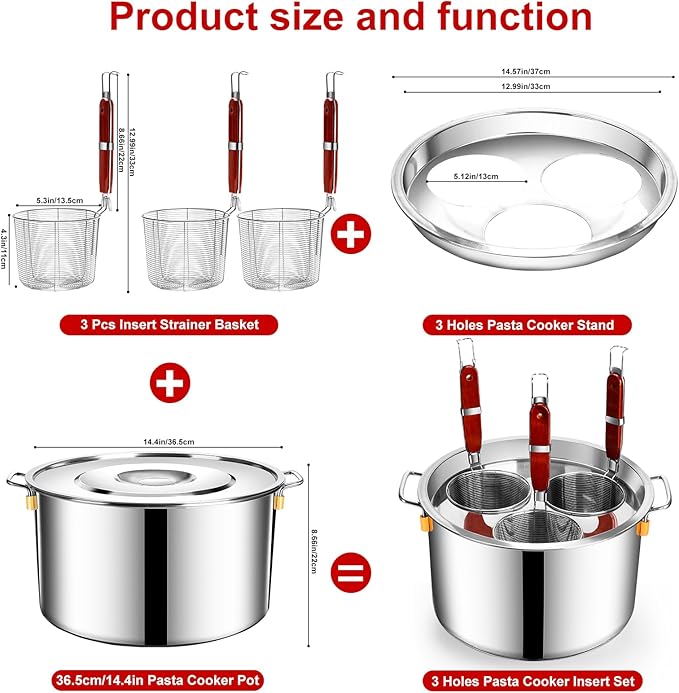 Pasta Cooker Insert Set Stainless Steel Pasta Pot With Strainer Basket Multipots Cooking Tool For Noodles Dumplings Pasta For Home Kitchen Restaurant,3 Holes