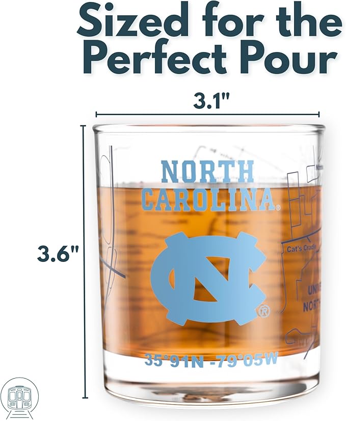 Greenline Goods – University of North Carolina Tar Heels College Whiskey Glasses (Set of 2), 10 oz – Full-Color Logo + Campus Map