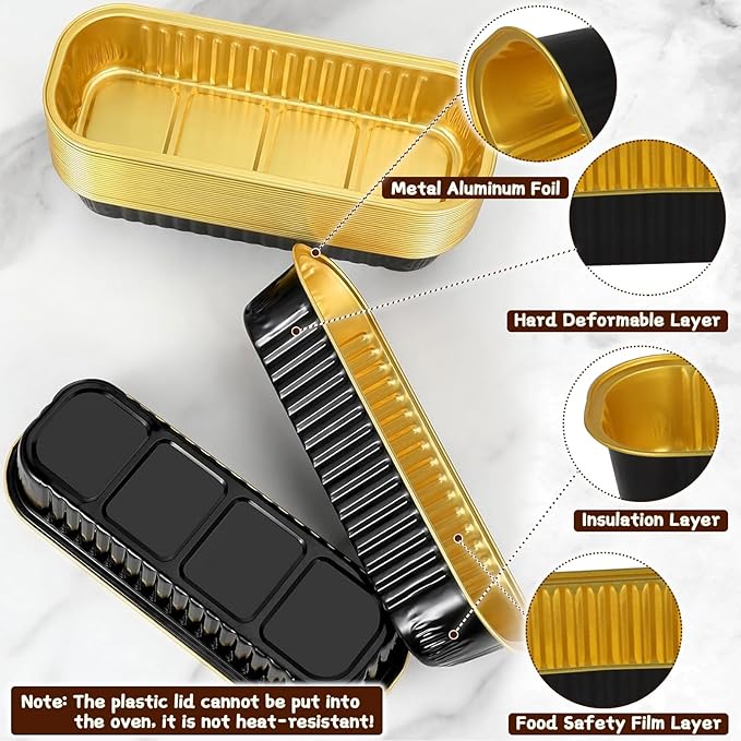 200 Pack Mini Loaf Pans Mini Cake Pans with Lids and Spoons Sealing Sticker, 6.8oz Rectangle Aluminum Foil Baking Pans Disposable Loaf Cake Pan for Baking (Black)