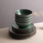 Famiware Venus Plates and Bowls Sets, 18 Pieces Stoneware Dinnerware Sets, Speckled Dishes Set for 6, Microwave and Dishwasher Safe, Matte Dark Green