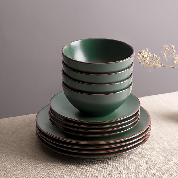 Famiware Venus Plates and Bowls Sets, 18 Pieces Stoneware Dinnerware Sets, Speckled Dishes Set for 6, Microwave and Dishwasher Safe, Matte Dark Green