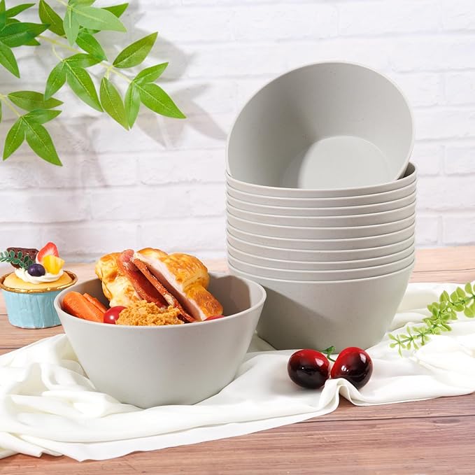 supernal 12PCS Light Grey Wheat Straw & Hard Plastic Bowls - Sturdy Reusable Soup Bowls for Hot Food,Unbreakable Bowl for Catering,Weddings,Holiday Meals (Disposable Lightweight Snack Bowl)
