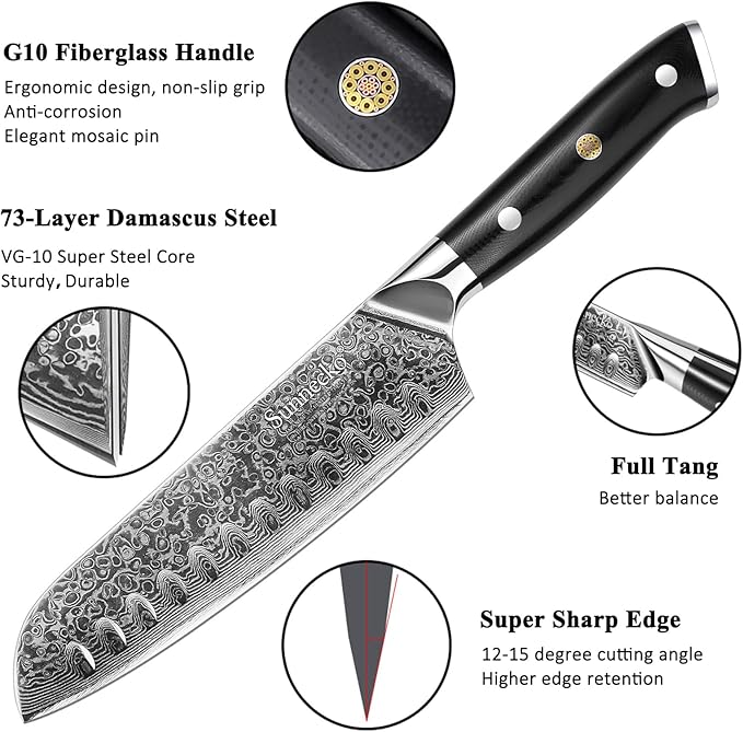 Sunnecko Damascus Chef Knife Japanese Santoku Knife 7 Inch Chopping Knife Vegetables, High Carbon Stainless Steel Knife with Gift Box