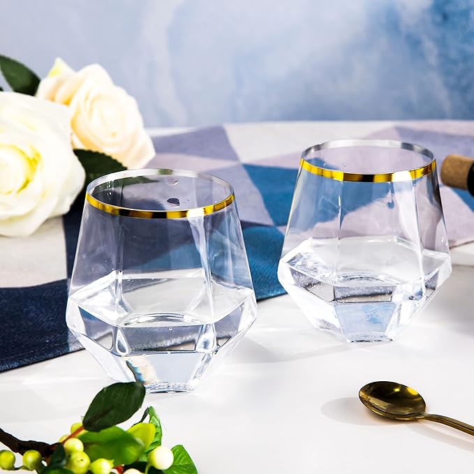 LUODA 32 Pack Gold Plastic Stemless Wine Glasses, 12 Oz Disposable Diamond Shaped Wine Glasses, Clear Plastic Whiskey Glasses with Gold Rim For Serving White Wine