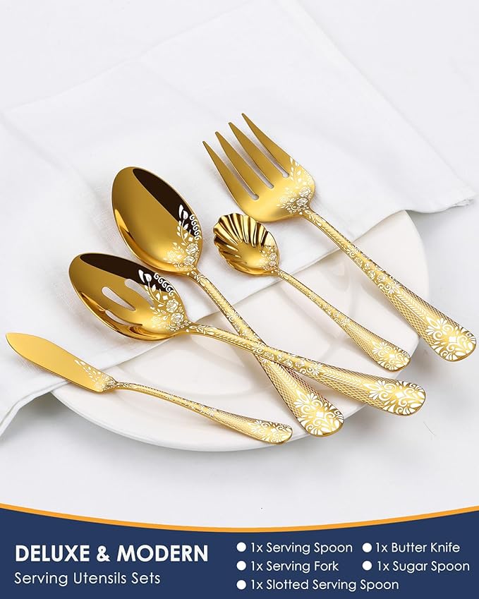 EUIRIO 53-Piece Gold Silverware Set with Serving Utensils, Gold Flatware Set for 8, Stainless Steel Mirror Cutlery Set, Spoons Forks Knives with Unique Floral Laser, Tableware Set, Dishwasher Safe