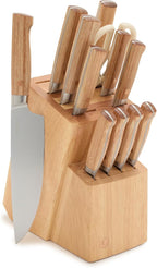 GreenPan Elite 13 Piece Wooden Knife Block Set, Professional Stainless Steel Blades with Titanium Coating, Ultra-Sharp Kitchen Cutlery, Chef, Santoku, Bread & Steak Knives, Ergonomic Wood Handles