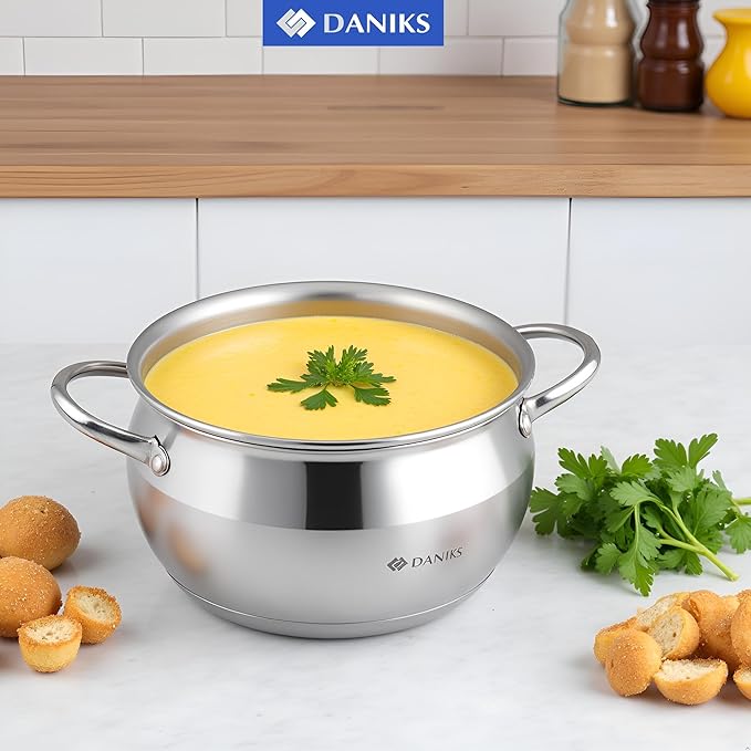 Daniks Classic 6 Quart Stainless Steel Stock Pot with Glass Lid, Tri-Ply Bottom for Even Heating, Induction Compatible, Dishwasher Safe