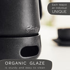 Steinzeit Design Tea Pot with Warmer (44 oz) - Premium Ceramic Teapot with Infuser for Loose Tea - Black Teapot Ceramic with Removable Steamer