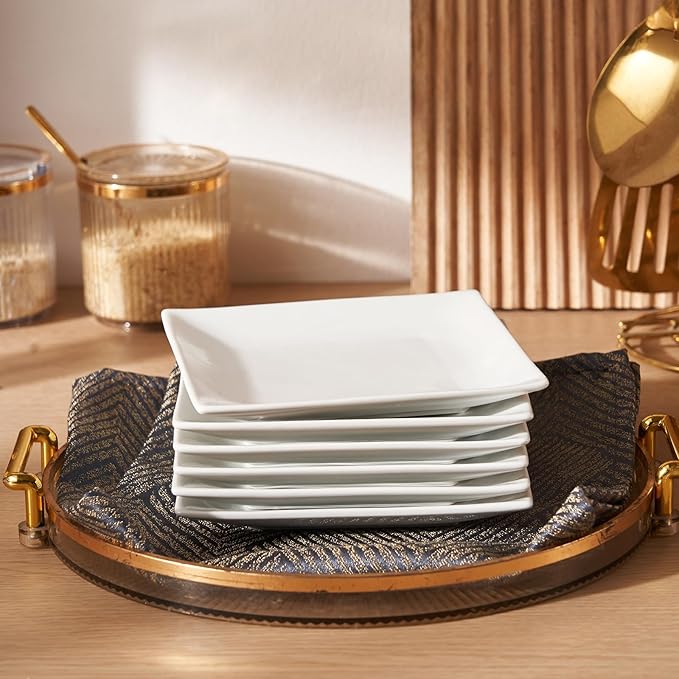 Appetizer Plates Set of 6, 6 Inch Porcelain Dessert Plates, White Stackable Square Salad Plates for Snack Steak Bread Butter, Chip and Scratch Resistant, Microwave and Dishwasher Safe