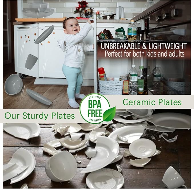 32-Piece Kitchen Plates and Bowls Sets,Lightweight Plastic Dishes Set for 8,Unbreakable Dinnerware Sets,Reusable Plates Set,Dishwasher and Microwave Safe, Dish Sets for Outdoor Camping,RV,Grey