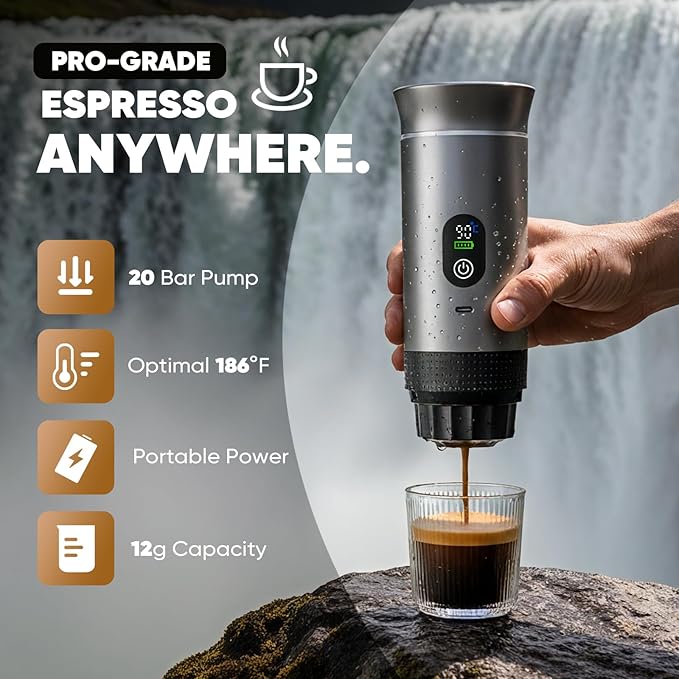 Portable 3-in-1 Espresso Coffee Maker, Self-Heating & Rechargeable with Smart Display — Works with Ground Coffee, Small & Large Capsules; Travel & Camping Mini Machine, 20-Bar Extraction, 60 ml Cup