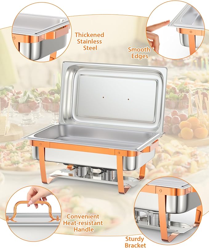 Chafing Dish Buffet Set, 8QT 4 Pack, Rectangle Chafing Dishes for Buffet w/Lid Holder, Stainless Steel Chafer Food Warmers Servers for Kitchen Party Banquet Dining, Rose Gold