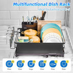Simple Trending Dish Rack, Steel Dish Drying Rack for Kitchen Counter, Dish Drainer with Cutlery Holder for Large Capacity, Dish Drying Rack with drip Tray, Black