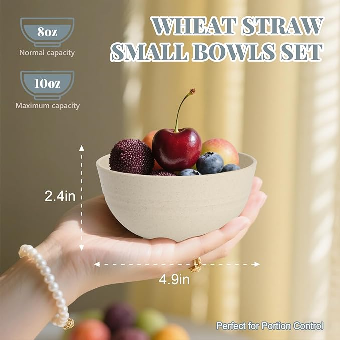 Homienly 10 OZ Dessert Bowls Wheat Straw Small Bowls Reusable Kids Bowl Mini Bowl for Ice Cream, Side Dishes, Fruit, Snack, Portion Control Unbreakable Lightweight Bowl Set, Microwave Safe (Beige)