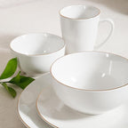 Gibson Home Ogalla 30 Piece Plates, Bowls, & Mugs Dinnerware Set - Service for 6 - White Porcelain W/Gold Band