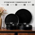 Stoneware Dinnerware Set for 2 with Pasta Bowl, Onader 8 Piece Plates and Bowls Dish Dinner Set, Microwave & Dishwasher Safe - Ebony Black