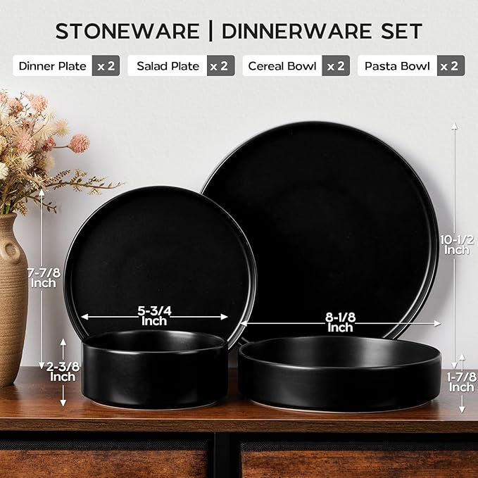 Stoneware Dinnerware Set for 2 with Pasta Bowl, Onader 8 Piece Plates and Bowls Dish Dinner Set, Microwave & Dishwasher Safe - Ebony Black