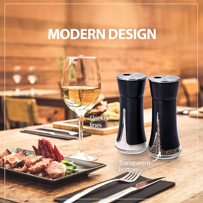 Black Salt and Pepper Shakers by Aelga, Salt Shaker with Adjustable Pour Holes, Black Kitchen Accessories, Decor for Kitchen,Restaurants,Camp,BBQ