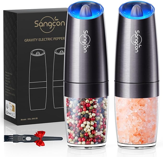 Sangcon Gravity Electric Salt and Pepper Grinder Set Automatic Shakers Mill Grinder with LED Light, Battery Powered Adjustable Coarseness One Hand Operation, Upgraded Larger Capacity