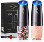 Sangcon Gravity Electric Salt and Pepper Grinder Set Automatic Shakers Mill Grinder with LED Light, Battery Powered Adjustable Coarseness One Hand Operation, Upgraded Larger Capacity