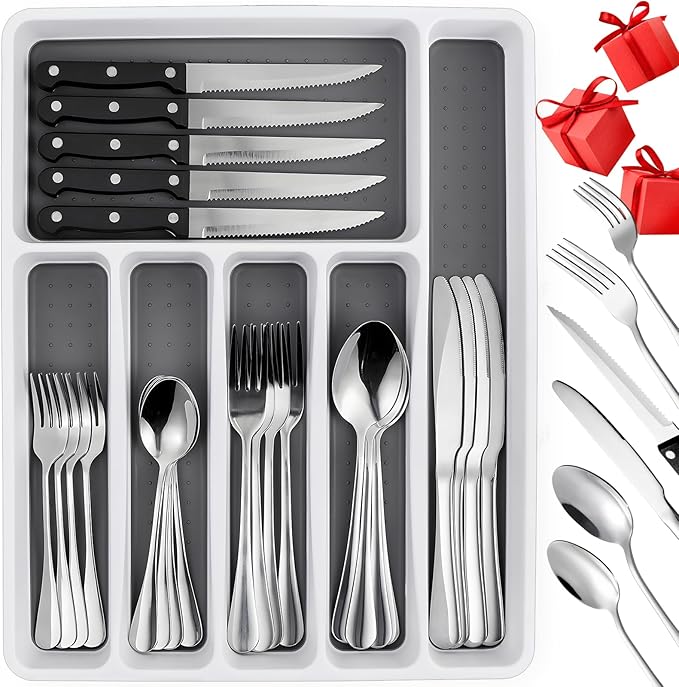 49 Piece Silverware Set with Organizer - Stainless Steel Cutlery Set for 8, White Elephant Christmas Gifts kitchen Utensil Flatware with Steak Knives, Spoons and Forks, Dishwasher Safe, Rust-proof