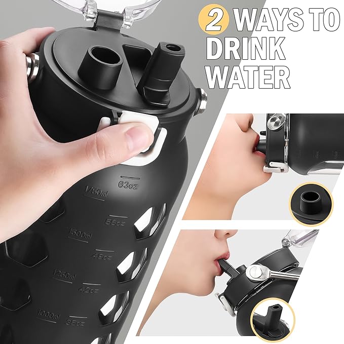 MUKOKO 64oz Glass Water Bottles with Straw and Lid,Half Gallon Water Bottle with Time Marker,Large Glass Water Jug with Silicone Sleeve and Stainless Steel Handle-Black