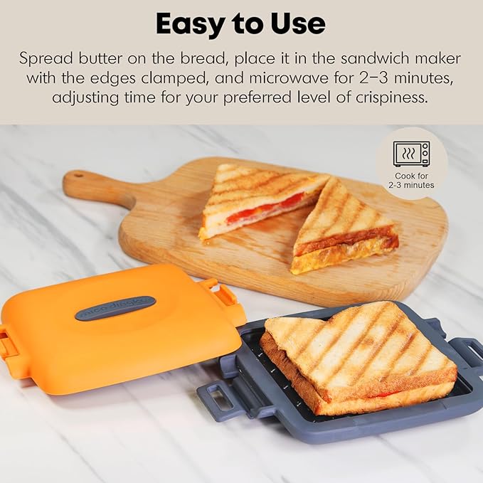 Microwave Toastie Sandwich Maker, Snack Maker & Panini Press, Removable Non-Stick Plates Silicone Microwavable Cookware, Heatwave Technology, Orange