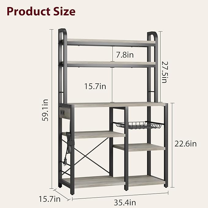 GarveeHome Microwave Stand Bakers Rack with Power Outlet, Kitchen Baker Rack with Wire Basket, 6-Tier Large Freestanding Utility Storage Shelf for Kitchen Dining Living Room, Rustic Gray