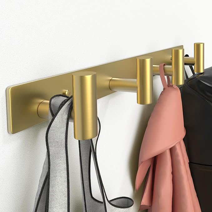 Wall Mounted Coat Rack-4 Hooks, Heavy Duty Stainless Steel Hook Rail for Towel Coat Hat Purse Bag Jacket, Towel Hooks for Entryway Bathroom Kitchen (Gold 4 Hooks - 1 Pack)