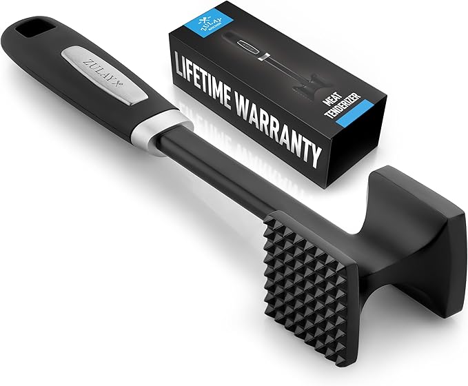 Zulay 10" Meat Tenderizer Hammer – Heavy-Duty Dual-Sided Mallet with Non-Slip Grip – Metal Meat Pounder for Tenderizing Beef, Chicken, Pork & More – Kitchen Tool for Cooking & BBQ - Black