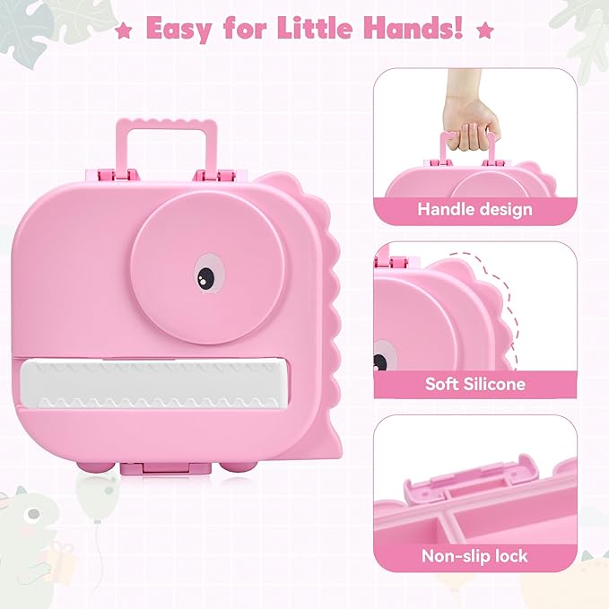 Bento Lunch Box with Thermo, 4-Compartment Bento Box with Adjustable Dividers, Leakproof Dinosaur Lunch Box with 14.2OZ Insulated Food Jar & Sauce Jar, for School Office Travel(Pink)