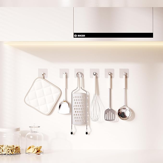 20 Pack Adhesive Wall Hooks, 13 lbs Max Load Picture Hangers Without Nials, Waterproof Oilproof No Damage Hooks for Bathroom Towels, Kitchen, Shower & Home Organization