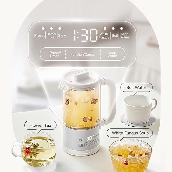 Bear HK-5L06P04 Mini Health Pot, Electric Kettle Tea Maker with Infuser, Glass Kettle & 316L Stainless Steel, 6 Auto Menus, 0.6L Compact Size, White