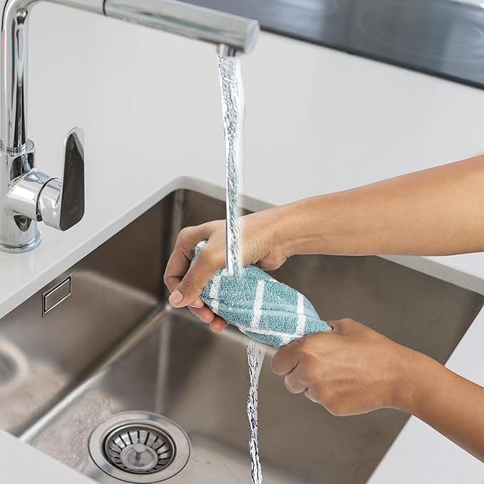 Urban Villa Dish Cloths Terry Cotton Pack of 6, Highly Absorbent Quick Drying Super Soft Premium Dish Towels for Kitchen with Hanging Loop Hand & Tea Towels - 12x12 Inch, (Aqua & White, Checks)