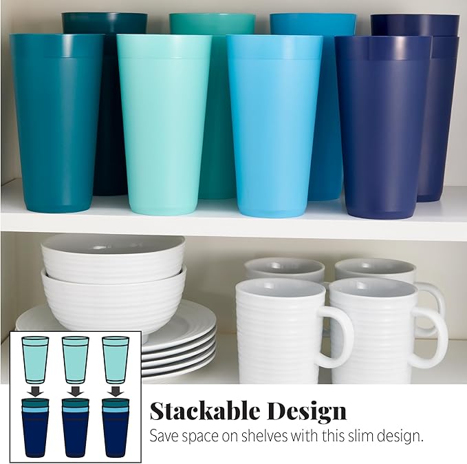 US Acrylic Newport 32 ounce Unbreakable Plastic Stackable Iced-Tea Tumblers in 4 Coastal Colors | Set of 12 Drinking Cups | Reusable, BPA-free, Made in the USA, Top-rack Dishwasher and Microwave Safe