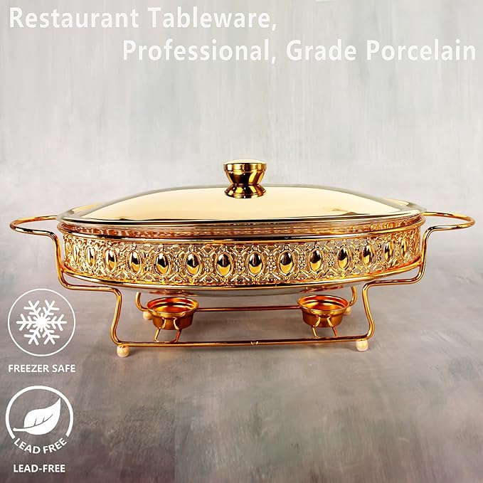 Casserole Dish 13" x 9" Glass Baking Dish with Stainless steel Lid and rack, Golden oval 2.5 Qt Large Baking Pan For Casserole & Lasagna, Microwave Dishwasher Freezer Oven Safe