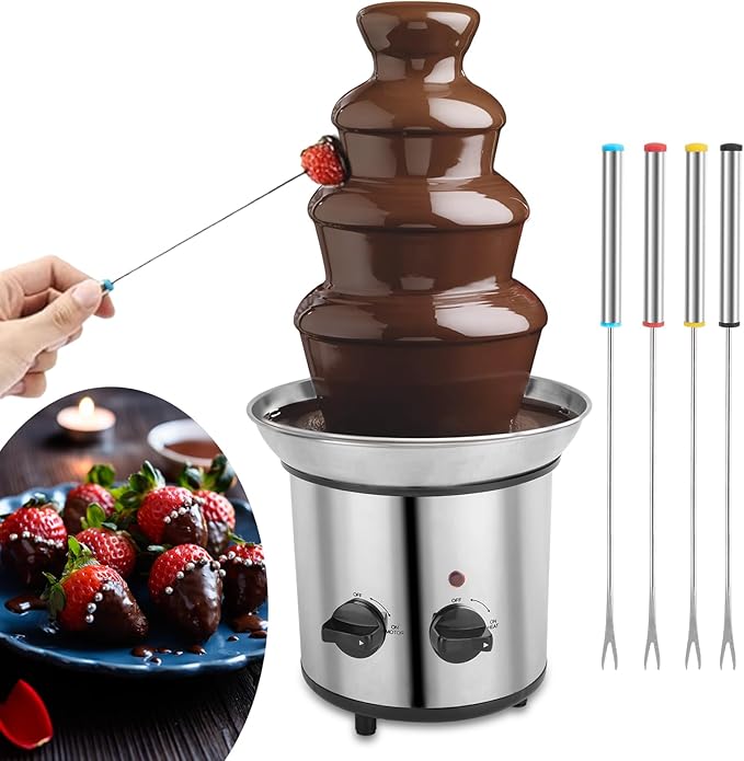 Chocolate Fountain, 4 Tier Chocolate Fondue Fountain Electric Melting Machine for Parties, Nacho Cheese, Ranch, Sauce, Wedding, Chocolate Fountain Machine with 4pcs Stainless Steel Forks(4 LB)