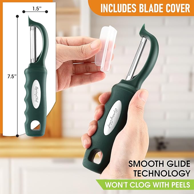 Spring Chef Professional Swivel Vegetable Peeler for Kitchen, Stainless Steel Potato Peeler with Comfortable Handle, Great for Apple, Veggie, Carrot, Cucumber - Dishwasher Safe - Pine Green