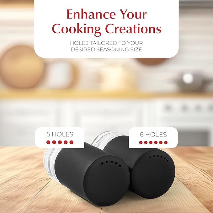 Black Salt and Pepper Shakers with Holder - Elegant Stainless Steel Salt Shaker and Pepper Shaker Set with Acrylic Holder for Kitchen Counter or Restaurant Table