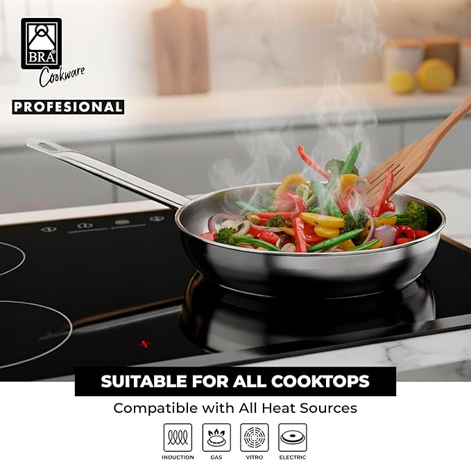 BRA COOKWARE Profesional Frying Pan | 8 inches Professional Skillet | Stainless Steel Pan w/o Non-Stick Coating | All Stovetop Compatible - Full Induction Skillet | 100% FOA Free | Brushed Finish