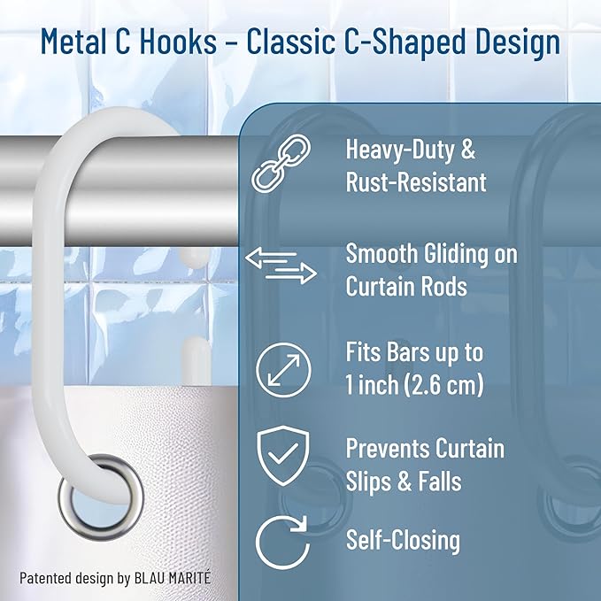 12 Metal Shower Curtain Hooks, Rust-Proof Decorative C-Shaped Curtain Hooks for Bathroom, White Shower Curtain Rings, Fits Rods Up to 1 Inch (C, White)