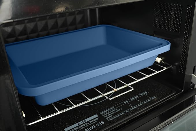 Sunsetbaby Silicone Baking Pan, Deep Rectangular Bakeware Cake Pan with Handles, Compatible with Fancy Panz, for Lasagna, Cake, Brownie or Family Dinner, 12.6 x 9.8 x 2.1 Inch (Blue)