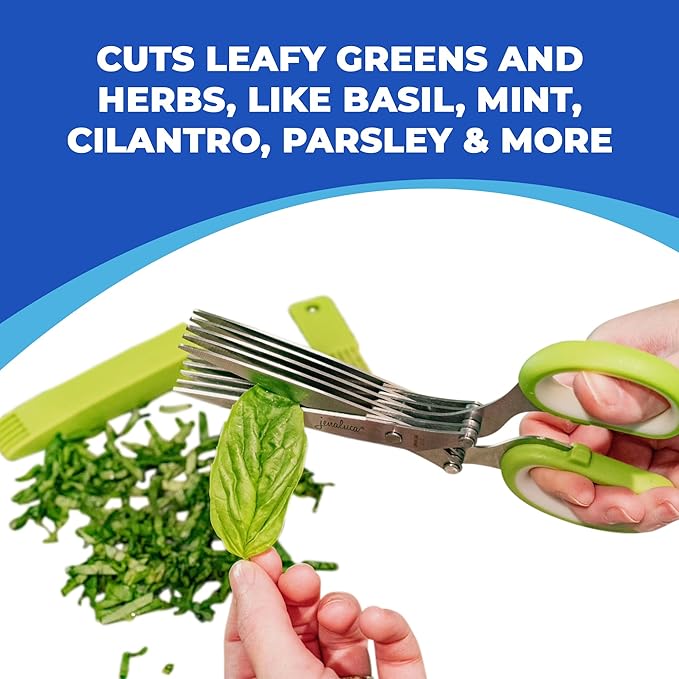 Jenaluca 5 Blade Herb Scissors - Salad Scissors - Cut & Chop Fresh Herbs & Leafy Greens - Stainless Steel Kitchen Shear Set with Cleaning Comb & Safety Cover - Kitchen Gadget - Blue